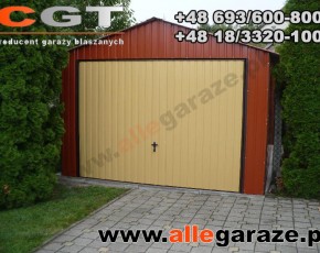 Garaż blaszany 3,5x6 dwuspadowy brązowy RAL8004 brama uchylna