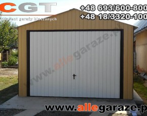 Garaż blaszany 3,5x6 dwuspadowy piaskowy RAL1002 brama uchylna
