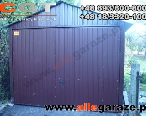 Garaż blaszany 3,5x6 dwuspadowy brązowy RAL 8014 brama uchylna