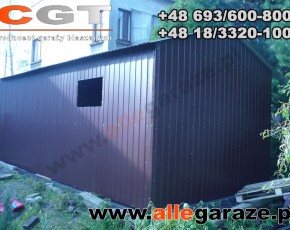 Garaż blaszany 3,5x6 dwuspadowy brązowy RAL 8014 brama uchylna