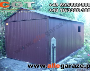 Garaż blaszany 3,5x6 dwuspadowy brązowy RAL 8014 brama uchylna