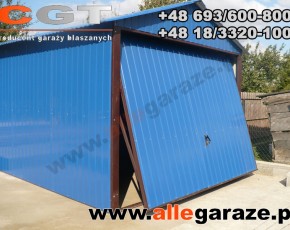 Garaż blaszany 3,5x6 dwuspadowy niebieski RAL 5010 brama uchylna