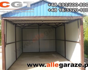 Garaż blaszany 3,5x6 dwuspadowy niebieski RAL 5010 brama uchylna