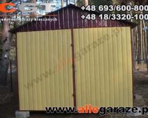 Garaż blaszany 3,5x6 dwuspadowy wiśnia RAL 3005 brama uchylna