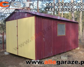 Garaż blaszany 3,5x6 dwuspadowy wiśnia RAL 3005 brama uchylna