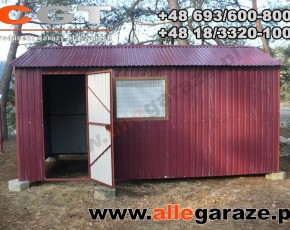 Garaż blaszany 3,5x6 dwuspadowy wiśnia RAL 3005 brama uchylna