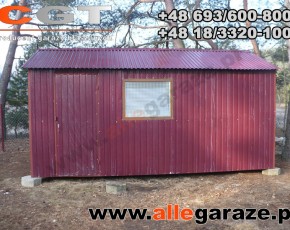Garaż blaszany 3,5x6 dwuspadowy wiśnia RAL 3005 brama uchylna