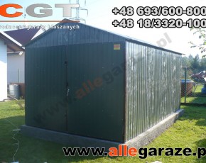 Garaż blaszany 3,5x6 dwuspadowy zielony RAL 6005 brama dwuskrzydłowa