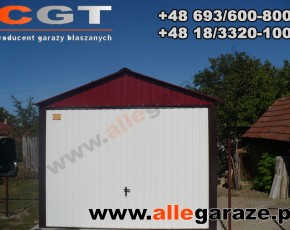Garaż blaszany 3,5x6 dwuspadowy wiśniowy RAL 3005 brama dwuskrzydłowa