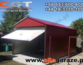 Garaż blaszany 3,5x6 dwuspadowy wiśniowy RAL 3005 brama dwuskrzydłowa