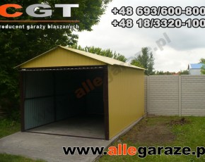 Garaż blaszany 3,5x6 dwuspadowy piaskowy RAL 1002 brama uchylna