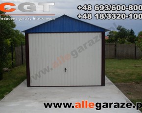 Garaż blaszany 3,5x6 dwuspadowy niebieski RAL 5010 brama uchylna