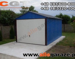 Garaż blaszany 3,5x6 dwuspadowy niebieski RAL 5010 brama uchylna