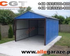 Garaż blaszany 3,5x6 dwuspadowy niebieski RAL 5010 brama uchylna