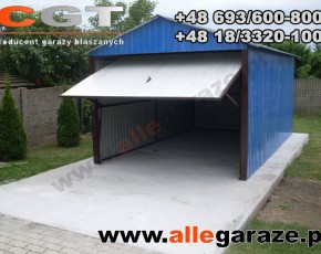 Garaż blaszany 3,5x6 dwuspadowy niebieski RAL 5010 brama uchylna