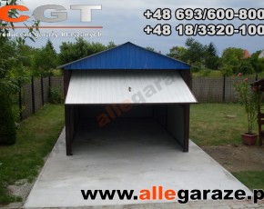 Garaż blaszany 3,5x6 dwuspadowy niebieski RAL 5010 brama uchylna