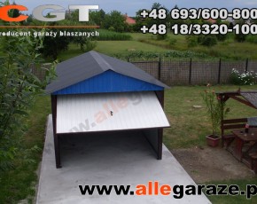 Garaż blaszany 3,5x6 dwuspadowy niebieski RAL 5010 brama uchylna