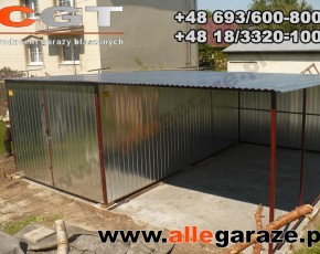 Garaż blaszany 3x5 spad na tył ocynkowany z zadaszeniem brama dwuskrzydłowa 