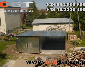 Garaż blaszany 3x5 spad na tył ocynkowany z zadaszeniem brama dwuskrzydłowa 
