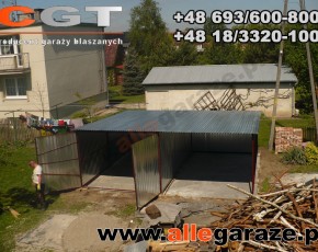 Garaż blaszany 3x5 spad na tył ocynkowany z zadaszeniem brama dwuskrzydłowa 