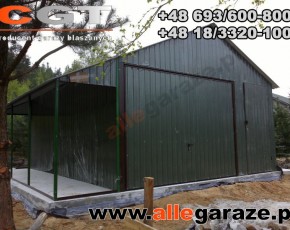Garaż blaszany 4,5x5 dwuspadowy zielony RAL6020 brama uchylna