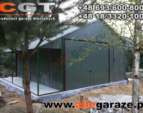 Garaż blaszany 4,5x5 dwuspadowy zielony RAL6020 brama uchylna