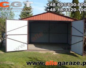 Garaż blaszany 4x4 dwuspadowy brązowy RAL8004  brama dwuskrzydłowa