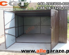 Garaż blaszany 4x4 standardowy brązowy RAL 8017 brama dwuskrzydłowa