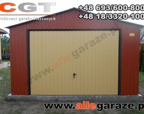 Garaż blaszany 4x6 dwuspadowy brązowy RAL8004 brama uchylna
