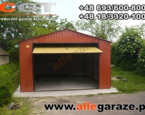 Garaż blaszany 4x6 dwuspadowy brązowy RAL 8004 brama uchylna