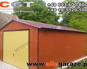 Garaż blaszany 4x6 dwuspadowy brązowy RAL 8004 brama uchylna