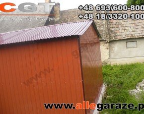 Garaż blaszany 4x6 dwuspadowy brązowy RAL 8004 brama uchylna