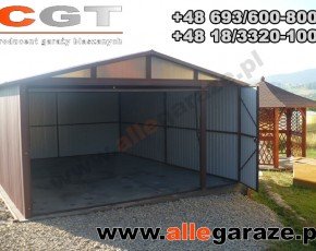 Garaż blaszany 4x6 dwuspadowy brązowy RAL 8017 brama uchylna