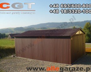 Garaż blaszany 4x6 dwuspadowy brązowy RAL 8017 brama uchylna