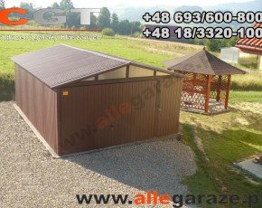 Garaż blaszany 4x6 dwuspadowy brązowy RAL 8017 brama uchylna