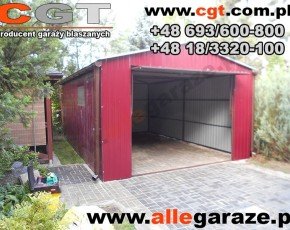 Garaż blaszany 4x6 dwuspadowy wiśniowy RAL 3005 brama uchylna