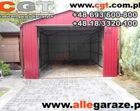 Garaż blaszany 4x6 dwuspadowy wiśniowy RAL 3005 brama uchylna