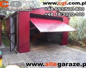 Garaż blaszany 4x6 dwuspadowy wiśniowy RAL 3005 brama uchylna