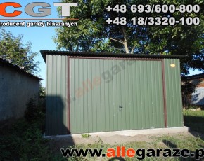 Garaż blaszany 4x6 spad na tył zielony RAL 6020 brama uchylna