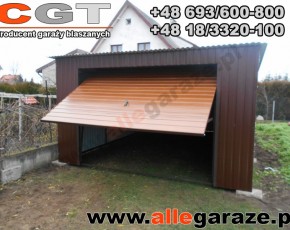Garaż blaszany 4x6 spad na tył brązowy RAL 8017 brama uchylna