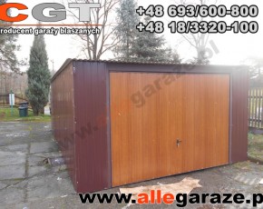 Garaż blaszany 4x6 spad na tył brązowy RAL 8017 brama uchylna