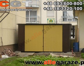 Garaż blaszany 4x6 spad na tył brązowy RAL 8017 brama dwuskrzydłowa