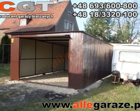 Garaż blaszany 4x6 spad na tył brązowy RAL 8017 brama uchylna