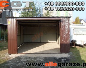 Garaż blaszany 4x6 spad na tył brązowy RAL 8017 brama uchylna