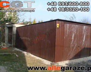 Garaż blaszany 4x6 spad na tył brązowy RAL 8017 brama uchylna