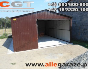 Garaż blaszany 5x5 dwuspadowy brązowy RAL 8017 brama uchylna
