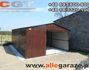 Garaż blaszany 5x5 dwuspadowy brązowy RAL 8017 brama uchylna