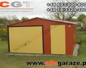 Garaż blaszany 5x5 dwuspadowy brązowy RAL 8004 brama uchylna