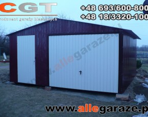 Garaż blaszany 5x5 dwuspadowy wiśniowy RAL 3005 brama uchylna