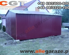 Garaż blaszany 5x5 dwuspadowy wiśniowy RAL 3005 brama uchylna